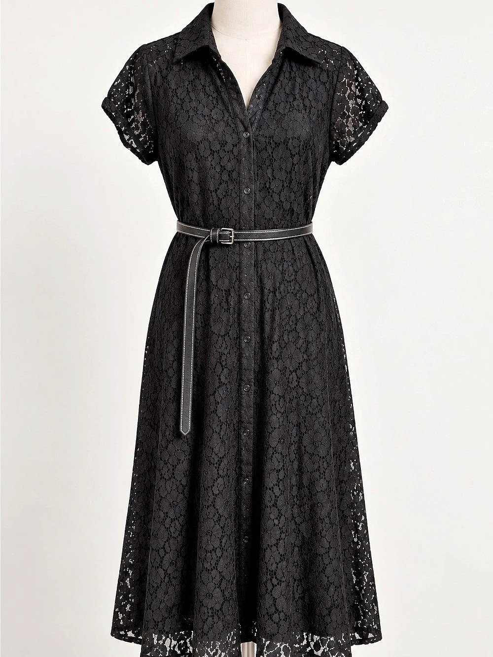 Black Floral Lace Shirt Dress
